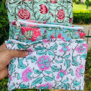 Bolsa pequeña con cremallera Tela acolchada hecha a mano Monedero con cremallera para cambio de monedas, bolsa de joyería de algodón impresa en bloque Auriculares/soporte para cápsulas de aire para regalos