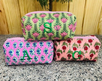 Large Cotton Quilted Block Print Wash Bag Handmade Toiletry Bag Cosmetic Makeup Bag Travel Organizer, Gift for Her