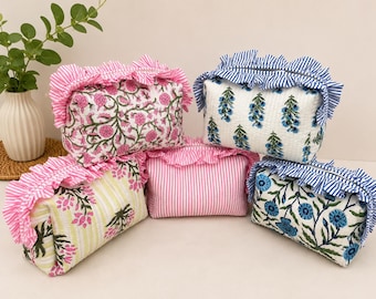 Personalized Quilted Makeup Pouch Cotton Block Print Cosmetic Bag Frill Travel Toiletry Case, Bridesmaid Gift for Her