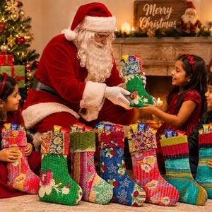 May include: A collection of seven colorful, quilted Christmas stockings featuring various floral and geometric patterns in shades of green, blue, red, and pink, each filled with small candy bars and displayed in a festive holiday setting.