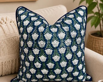 Block Print Cotton Cushion Cover with pipping Boho Home Decor Cotton Throw Pillows Floral Bohemian Cotton Bed Pillow shams Farmhouse Cushion