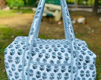 Large Cotton Weekender Travel Bag, Handmade Quilted Fabric Duffle Bag, Block Printed Overnight Bags, Hand Luggage Bag, Bags for Women,