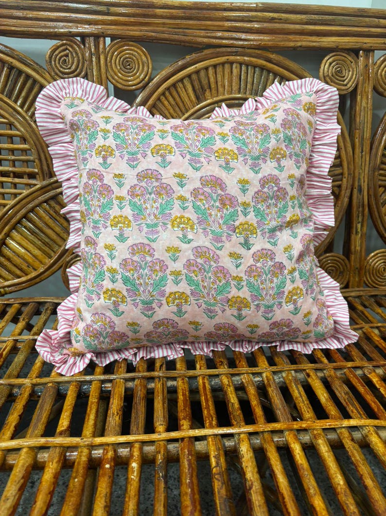 Block Print Boho Cushion Cover With Frill Handmade Cotton Bed Throw Pillows, bohemian pillow cushion cover vintage home decor frill cushion Pattern 16
