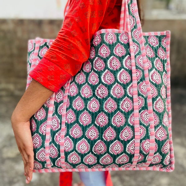 Block Print Large Cotton Shoulder Quilted Tote Bags| Women's Shopping Carrier | Handmade Large Tote Hand Bags | New Style Bag |Gift For Her