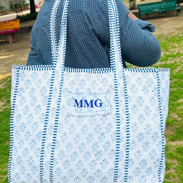 Grands sacs de week-end monogramme brodé, coton matelassé imprimé fleuri floral sac de voyage sac fourre-tout de plage pour femme cadeaux