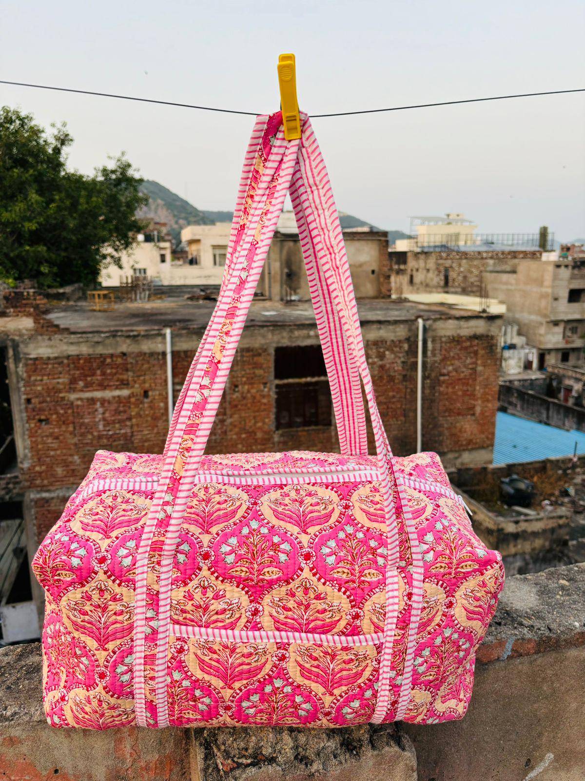 Large Cotton Weekender Travel Bag, Handmade Quilted Fabric Duffle