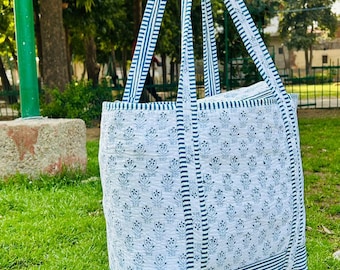 Large cotton quilted tote bag, floral print woman market shopping shoulder tote bag, weekender tote bag, woman travel carry on tote bags,