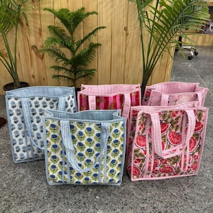 Borsa tote stampata a blocchi indiani, grande borsa da donna in cotone trapuntato, borsa da viaggio, regalo di compleanno, regalo di Natale per lei, borsa per il ritorno a scuola Mix Pattern 1