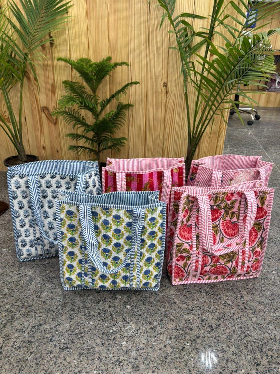 Indian Block Printed Tote Bags Large Cotton Quilted Women's Handbag Travel Tote Birthday Present Christmas Gift For Her Back to School Bag