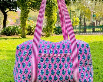 Bolso grande de hombro de lona acolchado de algodón, bolso de noche lavable con estampado floral, bolsos ecológicos para compras de yoga en la playa Boho Weekender