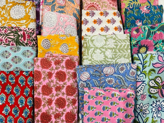Indian Block printed Fabric Scrap Pack Boho Quilting Scrap Bundle, Charm Quit Square Pack, Fat Quarter Mixed Grab of Assorted Scrappy Quilt