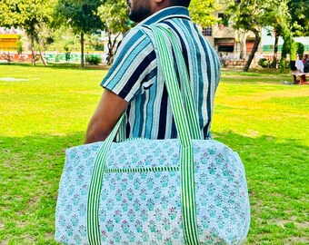 Bolsa de viaje grande de algodón para fin de semana, bolsa de lona acolchada hecha a mano, bolsas para pasar la noche impresas en bloque, bolsa de equipaje de mano, bolsas para mujeres,