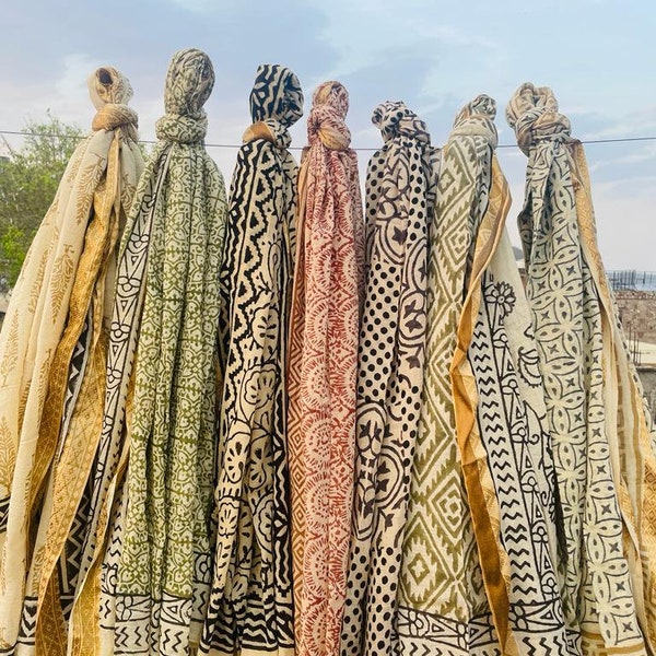 Cotton Beach Sarong Indian Hand Block Print Beach Sarongs Soft Voile Fabric Summer Pareo Gift for Her - Golden Jari Work Sarongs