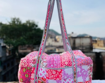 Large Cotton Weekender Travel Bag, Handmade Quilted Fabric Duffle Bag, Block Printed Overnight Bags, Hand Luggage Bag, Bags for Women,