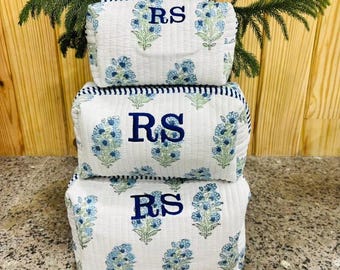 Floral Hand Block Printed Cotton Quilted Makeup Travel Cosmetic Organizer Toiletry Bag With Zip Pouch, Gift for Women
