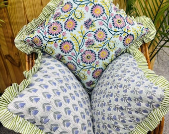 Cotton Ruffled Floral Pillowcases,100%Cotton Hand Block Cushion Cover Pillow Shame, Printed Bohemian Frill Cushion Pillows Boho India Pillow