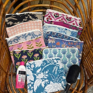 Bulk of 5 Pcs Handmade Cotton Quilted Makeup Bag, Block Printed Floral Cosmetic Pouch, Short Storage Flat Pouch, Mini Pouch Bag With Zip.
