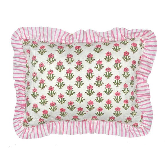 Block Print Boho Cushion Cover With Frill Handmade Cotton Bed Throw Pillows, bohemian pillow cushion cover vintage home decor frill cushion