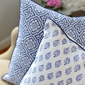 Block Printed Pillow with Piping and Welting, Bohemian Throw Pillow Cover Any Size, Home Décor Indian Pillows Zipper Trimmed Cushion Cover,
