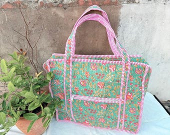 Large cotton quilted zipper tote bag, floral woman market shopping tote bag, hospital carry on tote bag, bride gift tote bag, gift for her,