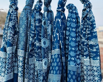 Indigo Print Women Wear Cotton Scarves Bohemian Scarves Indigo And White Printed Indigo Cotton Hand Block Print Scarf/Stole