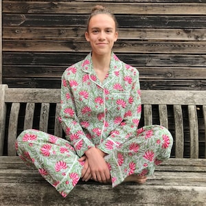 Block Printed PJ Sets | Bohemian Floral PJs | Boho Printed Gift Pyjamas |Soft Cotton Indian Traditionally pajama shirts| Matching Pyjama Set