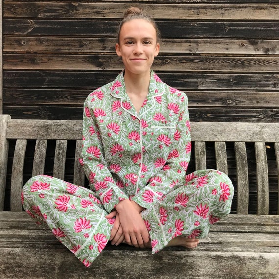 Block Printed PJ Sets Bohemian Floral Pjs Boho Printed Gift Pyjamas soft  Cotton Indian Traditionally Pajama Shirts Matching Pyjama Set 