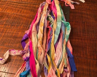 Colorful Vintage Indian Sari Silk Strips, Recycled Sari Silk Ribbon Yarn BOHO Jewelry Making weaving ribbon, junk journal, altered art