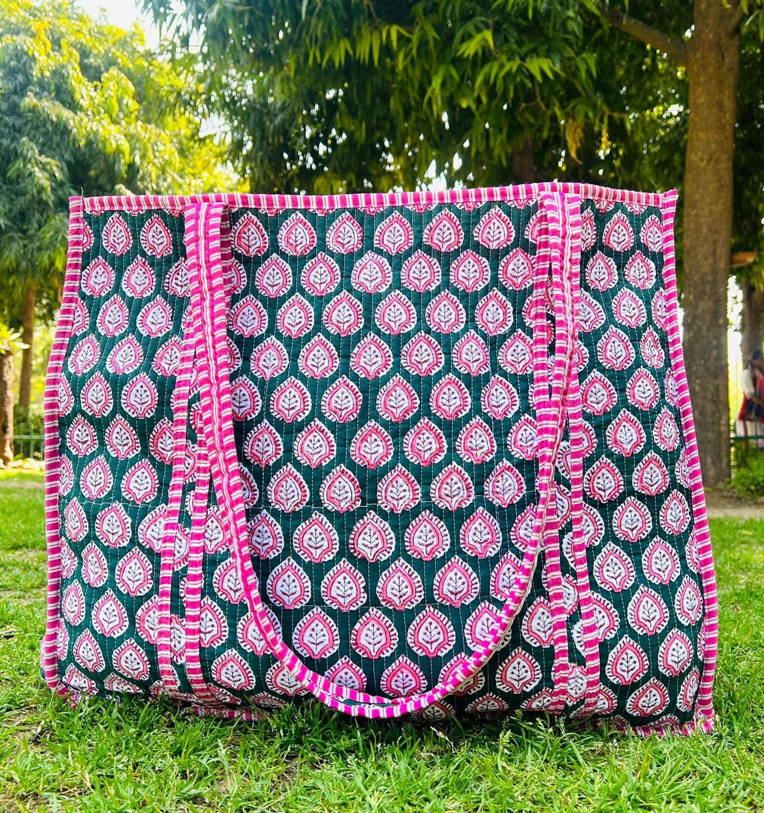Quilted Cotton Handprinted Large Floral Tote Bag Oversized Beach