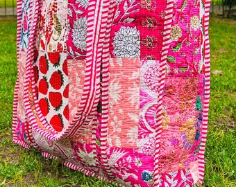 Pink Multi patches Quilted Cotton Shoulder Tote Bag Vintage Inspired Bohemian large tote weekender travel bags Handbags for Women