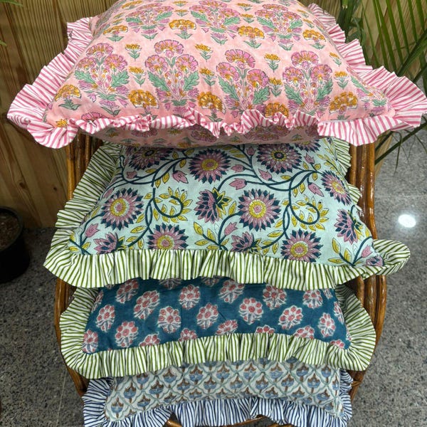 Block Printed Frill Pillow Cover, Ruffle Cushion Cover, Cotton Decorative Throw Pillow, Accent Bedroom Decor Rustic Style Pillow Case