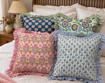 Indian Hand Block Print Cotton Frill Cushion Cover, Bohemian Raffle Cushions Handmade Boho Cotton Pillow Covers Floral throw pillows