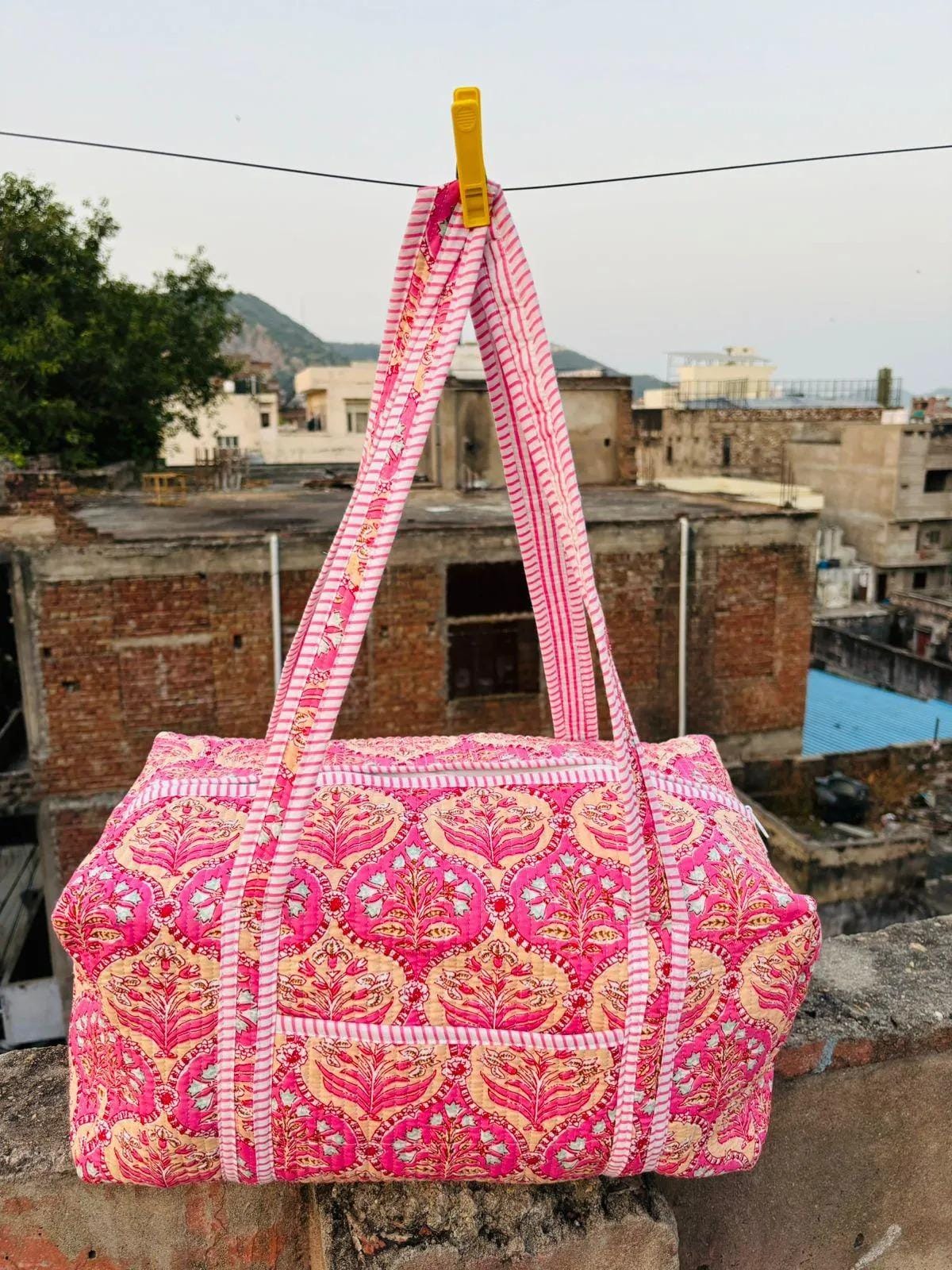 Large Cotton Weekender Travel Bag, Handmade Quilted Fabric Duffle