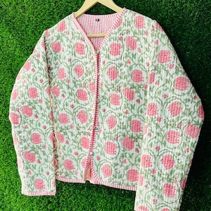 Cotton Women&#39;s Quilted Jacket Block Printed Boho Style Quilted Handmade Jackets, Coat Holidays Gifts Button Closer Jacket for Women Gifts