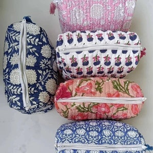 Handmade Quilted toiletry bag 100% Cotton Quilted Block Printed Wash Bag, Vintage Boho Floral Makeup Bag For Women, India Zippered Box Pouch