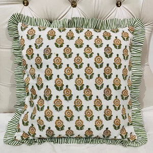 indian block print cotton frill cushion cover, bohemian raffle cushions handmade boho cotton pillow covers floral block throw pillows