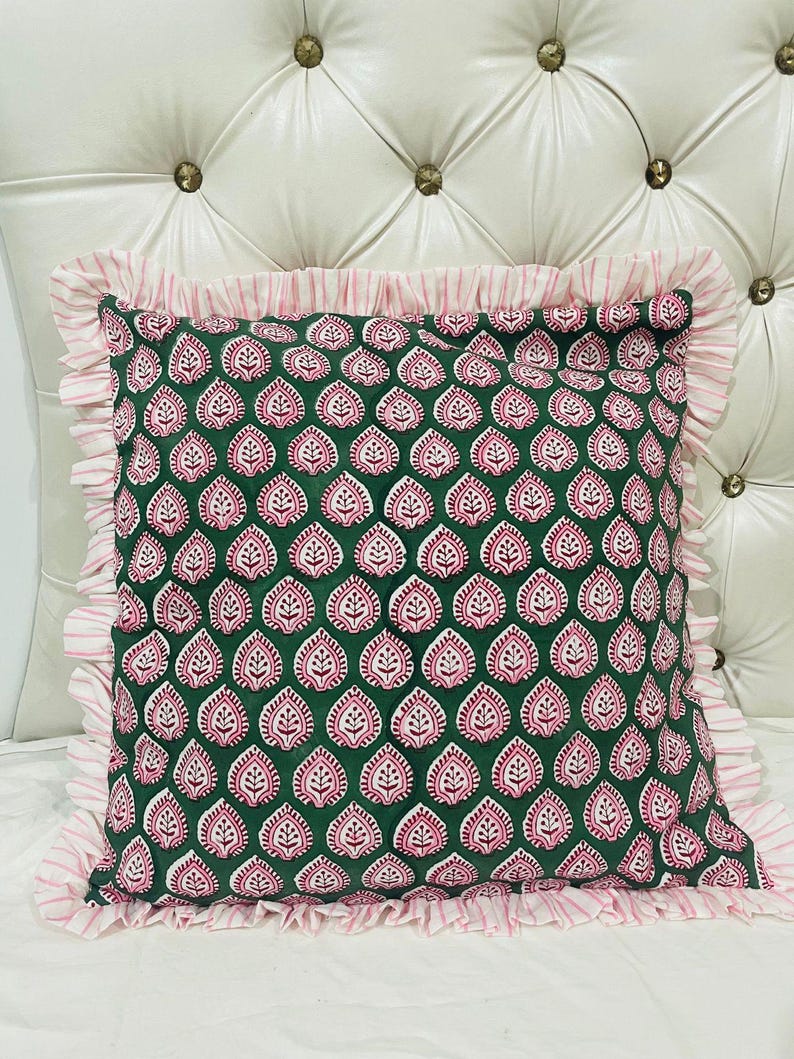 Block Print Boho Cushion Cover With Frill Handmade Cotton Bed Throw Pillows, bohemian pillow cushion cover vintage home decor frill cushion Pattern 18