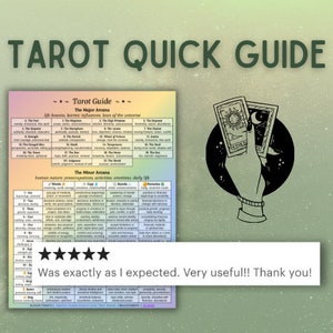May include: A colorful tarot card guide with a black and white illustration of a hand holding two tarot cards. The guide includes a list of the Major Arcana and Minor Arcana cards with descriptions of each card.