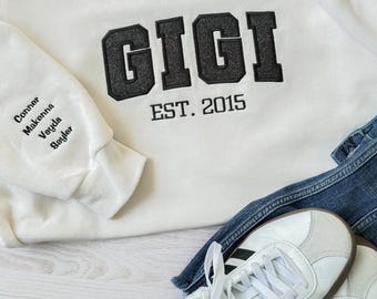 Custom Embroidered glitter sweatshirt, MAMA, Gigi , Grandma, Personalized with kids names
