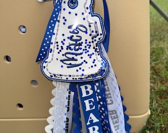 Cheer Personalized bag tag, Cheerleader, megaphone, embroidered name tag, shaker tag