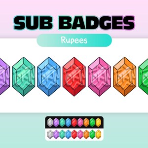 Könnte beinhalten: Ein Satz von neun bunten, cartoonartigen, juwelenförmigen Abzeichen mit dem Text "SUB BADGES" und "Rupees" oben. Die Juwelen sind in den Farben Silber, Lila, Türkis, Blau, Rot, Rosa, Orange, Grün und Gold.
