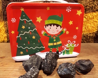 Anthracite Coal Lumps 5 pieces, Naughty Funny Christmas Gift, Real Vintage Santa's Lump of Coal with Metal Tin Box
