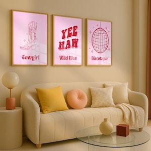 Conjunto de 3 impresiones artísticas vintage, impresión retro, arte de pared rosa, salvaje oeste, decoración de moda, degradado, arte de pared de los años 70, póster minimalista de una línea