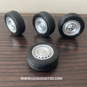 High resolution 3D printed rims and flexible tyres for miniature cars and RC cars.