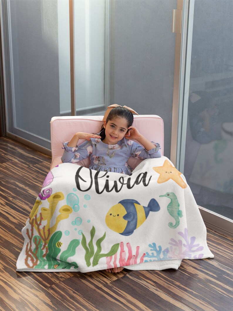 Under the Sea Baby Name Blanket, Baby Girl Personalized Blanket, Pink