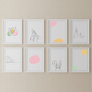 May include: Nine white frames with black lines, each containing a simple line drawing of an Easter bunny, eggs, or a woman with a flower in her hair. The drawings are in black and white, and the backgrounds are filled with pastel colors, including pink, yellow, and green.