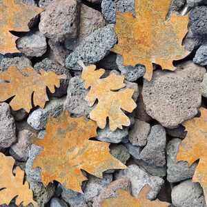 May include: A close-up of a collection of rusty metal leaves scattered on a bed of dark grey volcanic rocks. The leaves are various shapes and sizes, with some having a more intricate design than others.