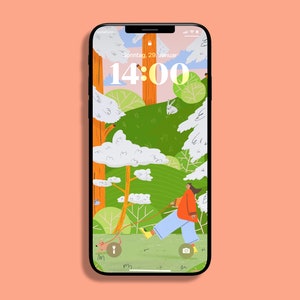 Könnte beinhalten: Ein Smartphone-Bildschirm zeigt eine digitale Uhr mit der Zeit 14:00 und dem Datum Sonntag, 29. Januar. Der Hintergrund ist eine Cartoon-Illustration einer Person, die einen Hund in einem Wald spazieren führt.
