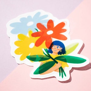Pegatinas de alta calidad para exterior (o interior): niña con ramo de flores para scrapbooking, journaling, como pegatinas para portátil y mucho más