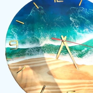 Resin Epoxy Wall Clock 17 inch, Ocean Style ,Large Kitchen Wall Clock, Wooden Wall Art, Unique Housewarming Gift, Blue Living Room Decor